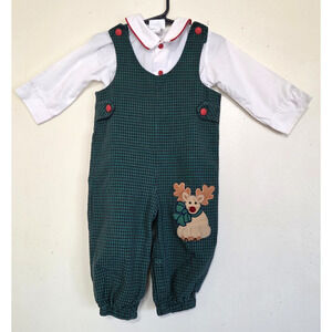 Reindeer Overalls Outfit Baby 18 Months Christmas Holiday Green Houndstooth 90s